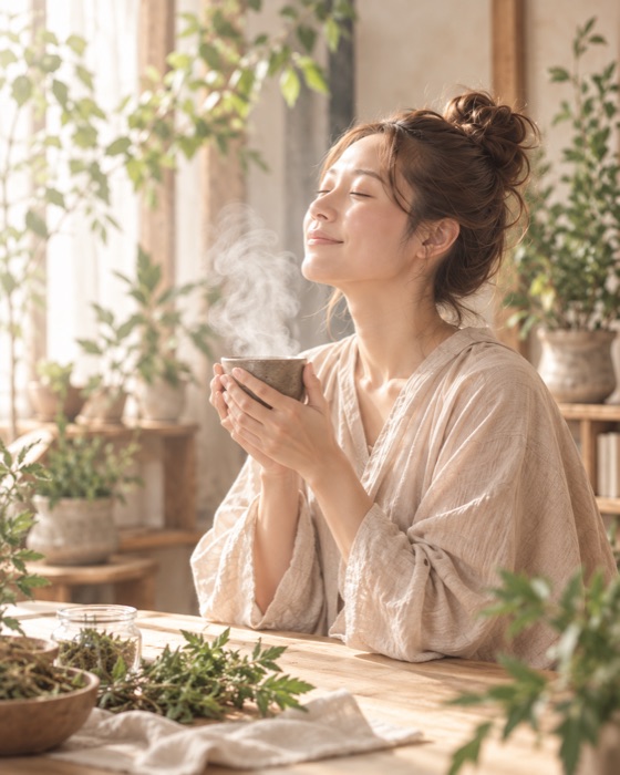 よもぎ蒸しのある暮らしを楽しむ女性